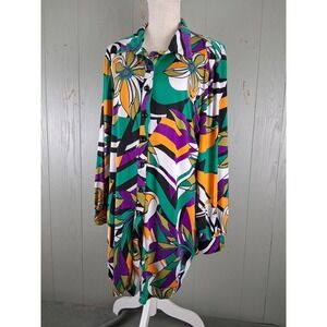 Vintage 90s Button Up Blouse Women XL Abstract Groovy Print Long Tunic Top Artsy